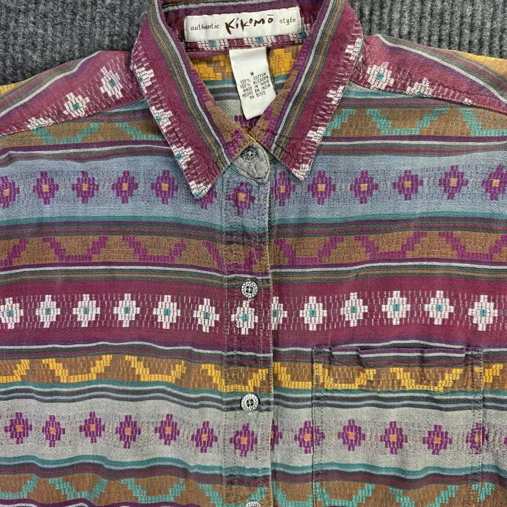 Vintage Southwestern Shirt Womens Medium Red Aztec Stripe 90s Western Cowgirl